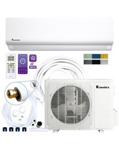 Kumaisi split air conditioner set with indoor and outdoor units, remote controls, installation kit, cables, hose, and color swatches displayed on a white background—perfect for those comparing Mini-Split Reviews: Pros and Cons Simplified.