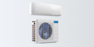 A white split air conditioner with an indoor unit mounted above and an outdoor compressor unit below, both labeled MRCOOL, against a light gray background—ideal for those seeking clarity from Mini-Split Reviews: Pros and Cons Simplified.