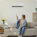 A woman sitting on a sofa, wrapped in a blanket, points a remote control at a wall-mounted mini split installation in a bright living room with minimalist decor.