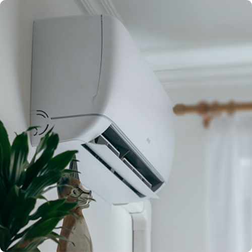 A white wall-mounted air conditioning unit from a recent mini split installation is positioned above a green indoor plant in a bright room, with a window and curtain visible in the background.
