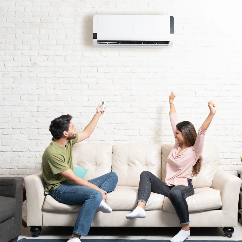 A man and a woman sit on a beige couch in a living room. The man points a remote at a wall-mounted air conditioner, while the auburn-haired woman raises her arms in excitement. Both appear relaxed and comfortable.