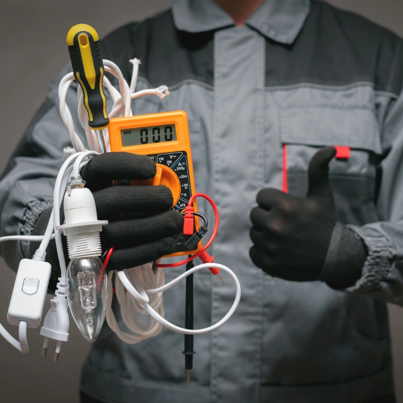 Electrician holding tools and testing equipment for home energy and electrical work