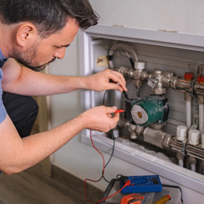 Technician checking underfloor heating pump with multimeter