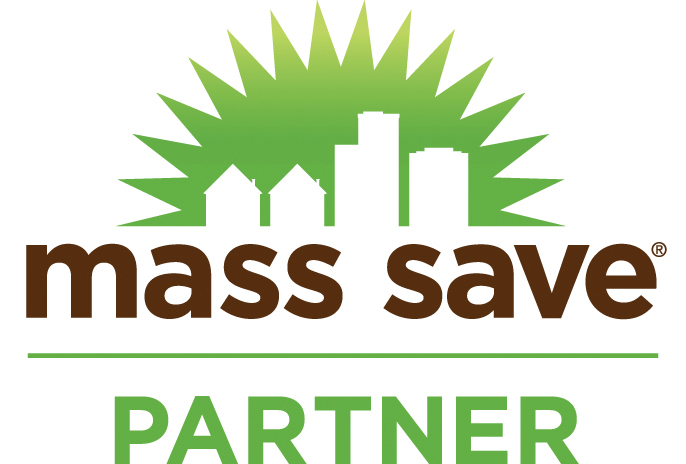 Green and brown Mass Save Rebates PARTNER logo featuring silhouettes of buildings and houses with a sunburst pattern above them.