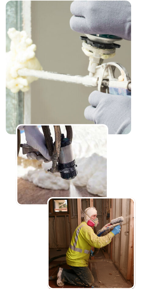 Collage of three images showing Home Insulation Installers in protective gear applying spray foam insulation to walls and surfaces indoors.