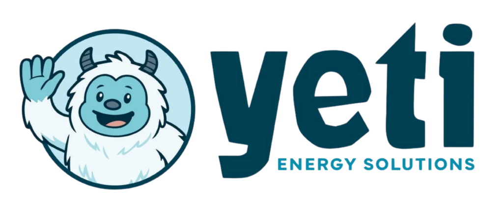 Logo for Yeti Energy Solutions featuring a smiling cartoon yeti with horns, waving inside a blue circle, next to bold text “yeti” and smaller text “ENERGY SOLUTIONS.”.