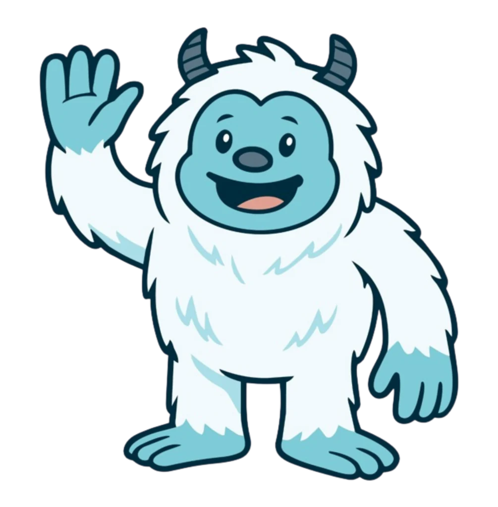 Cartoon yeti with white fur and blue face, hands, and feet, smiling and waving with one hand. It has small dark horns and a friendly expression.
