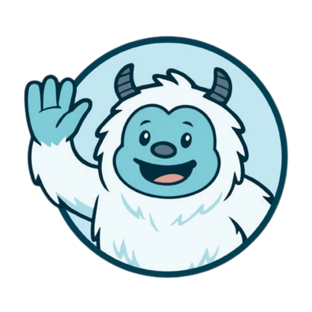Cartoon yeti with blue skin, white fur, and small black horns, smiling and waving inside a light blue circular background.