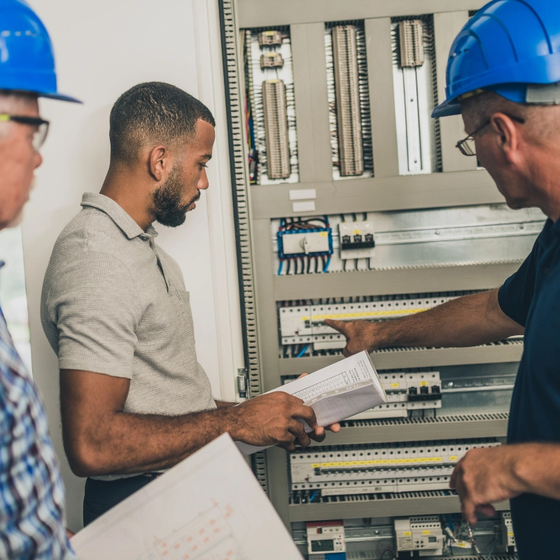 Technicians reviewing electrical panel during home energy inspection