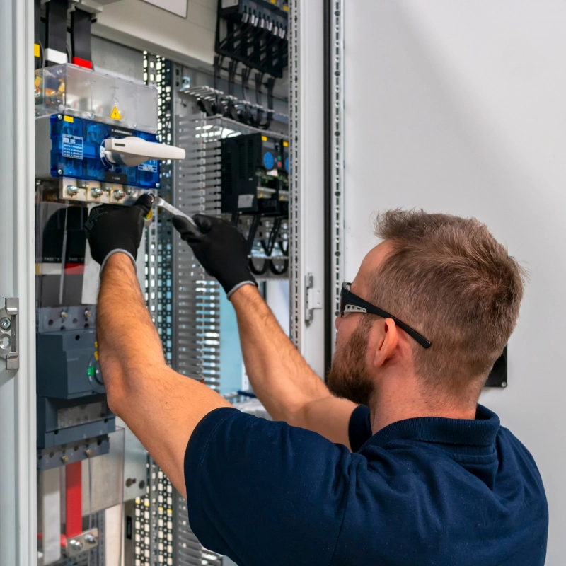 Electrician working on electrical panel during home energy system installation