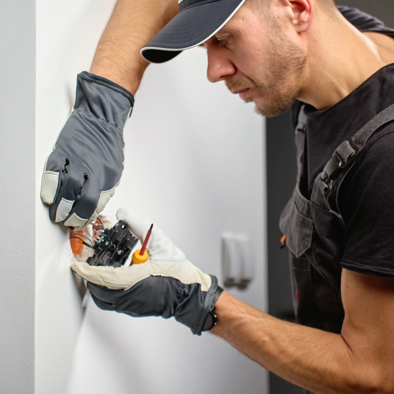 Technician inspecting electrical wiring in wall during home energy assessment