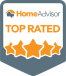 HomeAdvisor Top Rated badge with an orange logo, orange text, and five orange stars on a gray and white background—perfect for showcasing trusted service providers who can help you qualify for Mass Save Rebates.