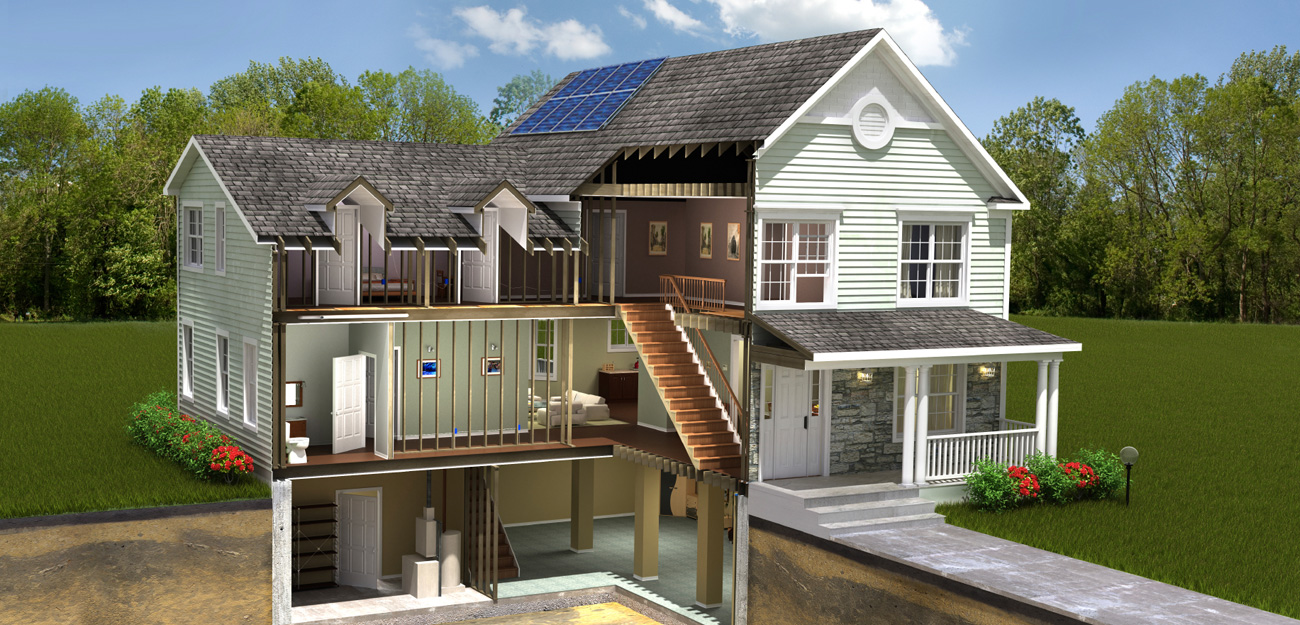 A cutaway illustration of a two-story house with a basement, showing interior rooms, stairs, appliances eligible for Mass Save Rebates, solar panels on the roof, and a yard with grass, trees, and red flowers in front.