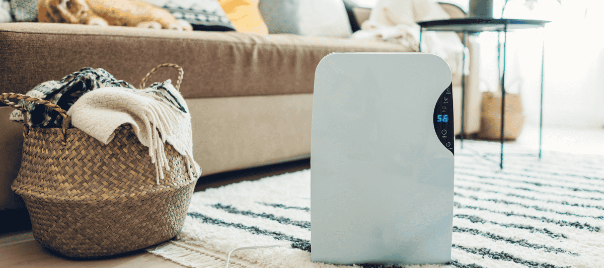 Home humidifier improving indoor air quality and comfort in a modern living room