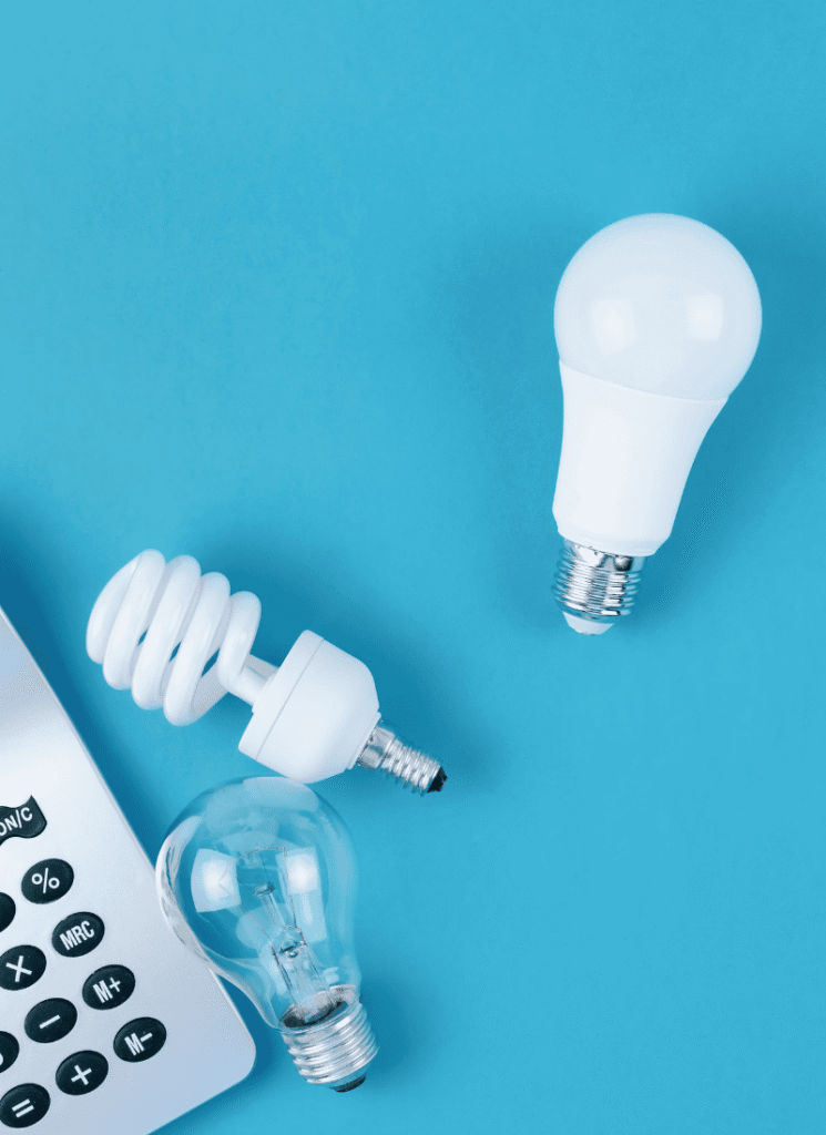 Three types of light bulbs—an incandescent, a compact fluorescent, and an LED—are placed on a blue background next to the corner of a calculator, highlighting options that may qualify for Mass Save Rebates.