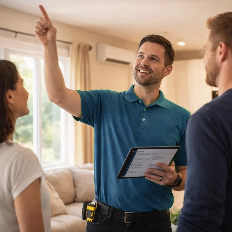 A smiling man holding a tablet points upward while talking to a woman and a man in a bright living room, possibly discussing home repairs, renovations, or exploring Mass Save Rebates to make their upgrades more affordable.