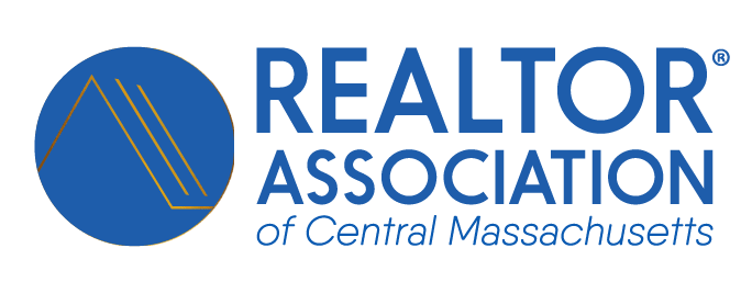 Logo for the REALTOR Association of Central Massachusetts, featuring a blue circle with stylized gold lines resembling a roof next to the organization’s name in blue and gold text, reflecting a commitment to energy efficiency and awareness of Mass Save Rebates.