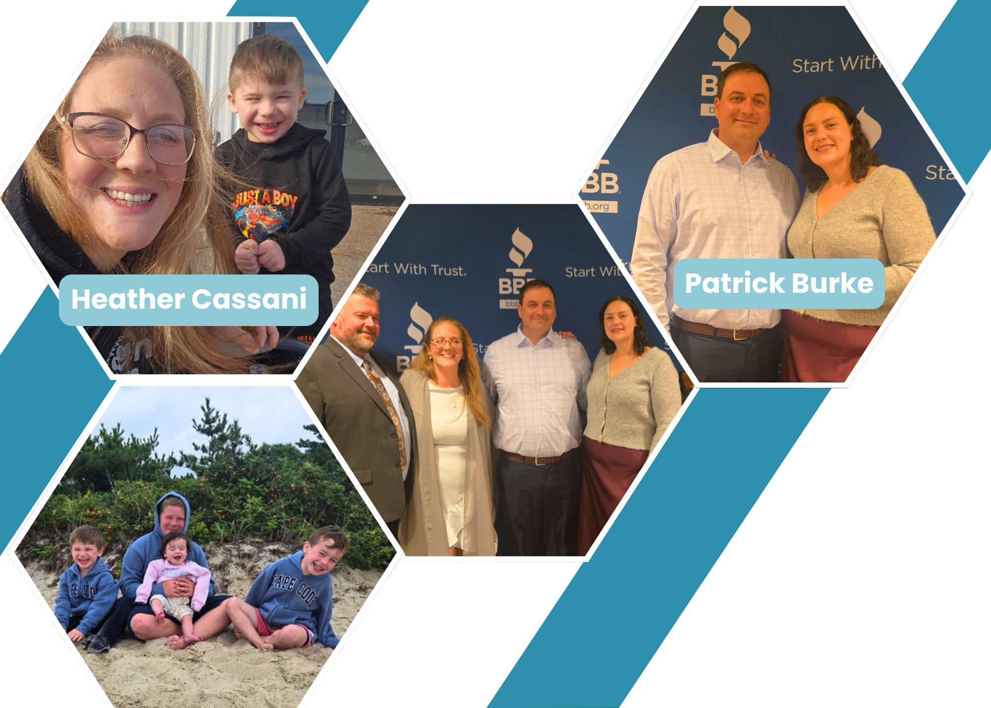 Hexagonal collage about Heather Cassani and Patrick Burke, showing them in various settings: at the beach with children, and at an indoor event with others. Blue and white geometric design in the background.