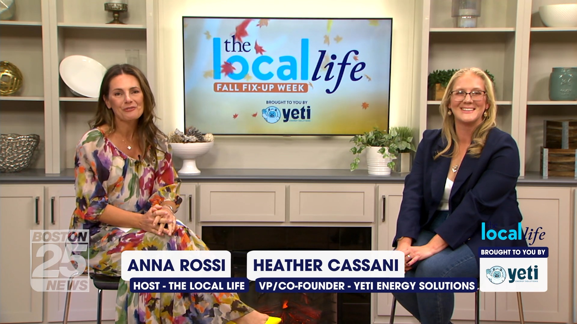Two women sit in a studio. The screen behind them reads the local life, Fall Fix-Up Week, brought to you by yeti. Their names, Anna Rossi and Heather Cassani, are labeled on the screen with their titles.