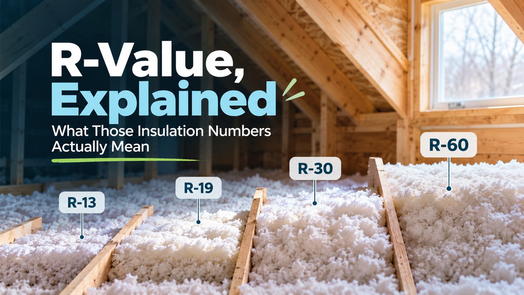 Text overlay reads R-Value, Explained: What Those Insulation Numbers Actually Mean, with markers pointing to four different depths of attic insulation labeled R-13, R-19, R-30, and R-60.